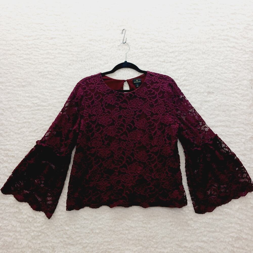 Blouse Lace Wine Burbundy Whimsycore Witchy Romantic Feminine Bell Sleeve Size L
